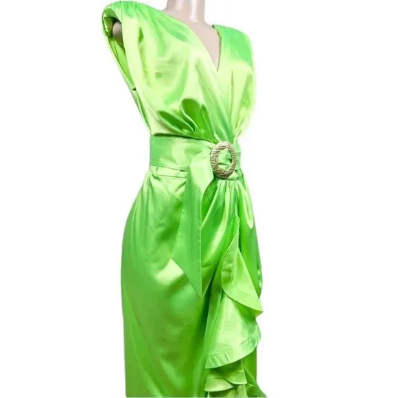 BRONX and BANCO Neon Green Lika Belted Asymmetric Ruffle Wrap Dress Size… - Picture 8 of 11